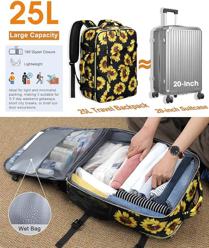 Capolo Travel Backpack for Women Men Waterproof Laptop Backpack Flight Approved Carry On Backpack Overnight Weekender Bag College Bookbag for Business, Work, Traveling Fits 17 '' Laptop,Sunflower