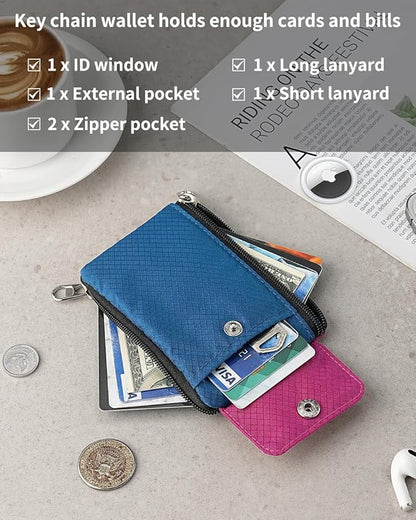 Minimalist Wallet For Mens Womens, Keychain RFID Blocking Zipper Small Wallet with ID Window 2 Lanyards,Water Resistant Travel Cash Card Coin Case Boys Girls