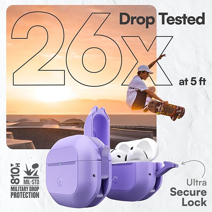 Keybudz for AirPods 4 Case with Lock - Fully Waterproof AirPods 4th Generation Case Cover - Keychain, Rugged Tough Protection, Hard Shell and Carabiner (Wild Lavender)