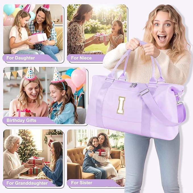 Dance Gym Duffel Bag for Teen Girls, Personalized Initial Travel Weekender Bag,Cute Overnight Carry On Duffle for Women,Sports Travel Cheer Bag,Monogram Christmas Gifts for Tween Preppy(purple-I)