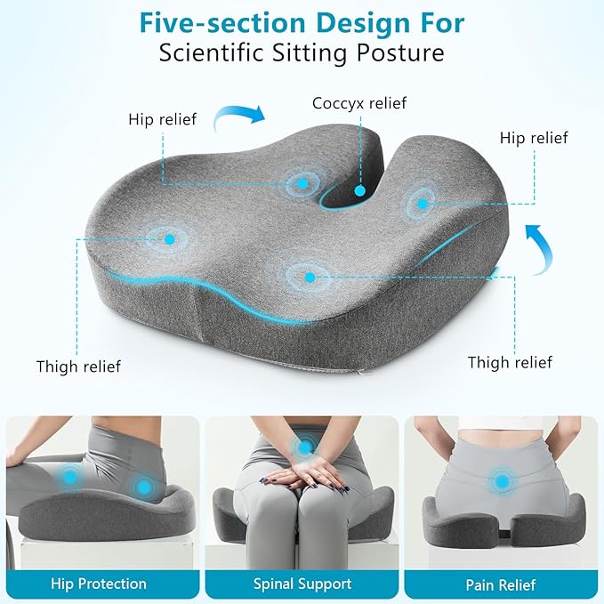 Seat Cushions for Office Chairs & Hip Pain Relief, Extra-Dense Coccyx Cushion with Sciatica Support, Ergonomic Design for Desk Chair, Car, Wheelchair, All-Day Comfort (Gray)