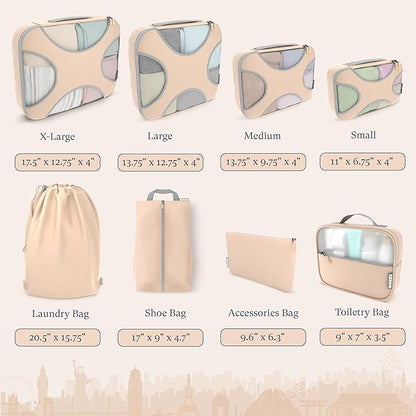 Shacke Premium 8 Packing Cubes Set - Lightweight Mesh Travel Luggage Organizers with Laundry Bag, 8-Piece Suitcase Storage System (Nude Biege)