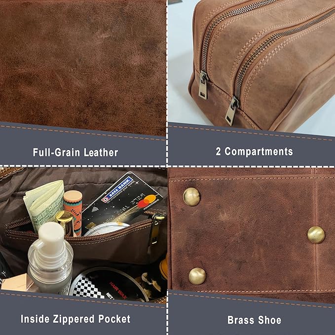 RUSTIC TOWN Full Grain Leather Travel Toiletry Bag - Cosmetic Makeup Kit Organizer (Brown)