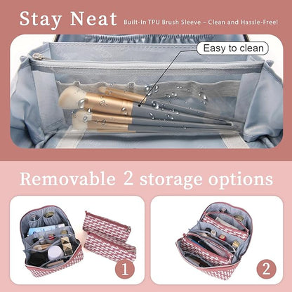 BOYATU Travel Makeup Bags for Women: Large Capacity Cosmetic Bag Set of 3 - Vegan Leather Make up Bags with Compartments - Wide Open Waterproof Toiletry Organizer Bag with Handle (B-03-Red)