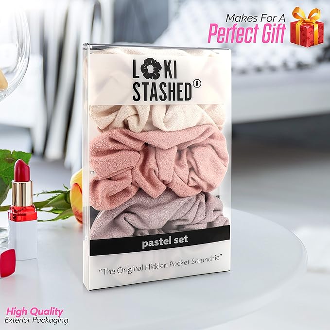 3-PACK Suede Hair Tie Scrunchies for VSCO Girls & Women, THE ORIGINAL HIDDEN POCKET SCRUNCHIE with Zipper Pocket Storage, Accessories, Small Items, Keys, Money (Pastel)