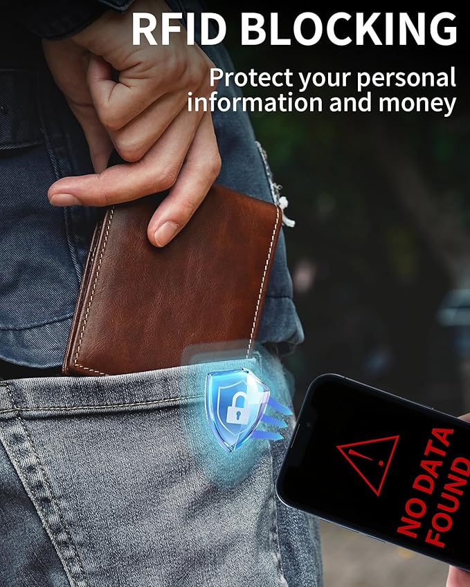 Mens Wallet Bifold Genuine Leather RFID Blocking Wallet for Men with 1 ID Windows 13 Card Holders 2 cash pockets 1 Gift Box
