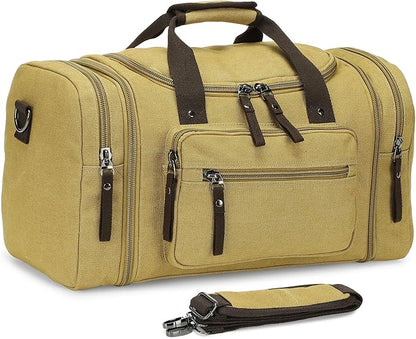 Expandable Canvas Duffel 50cm-58cm, Sturdy Zipper and Reinforced Handles, Lightweight Carry-On Weekender Bag for 3-5 Day Trips, Khaki