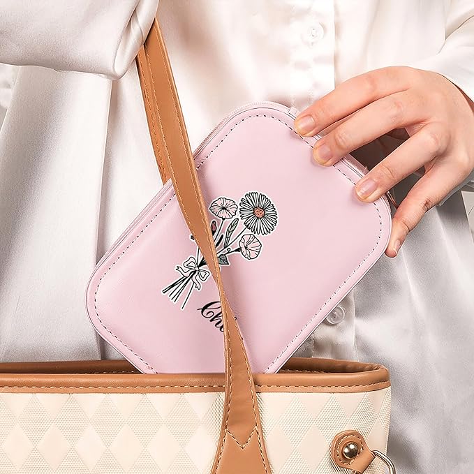 callie Personalized Birth Flower Jewelry Box with Mirror & LED 3 Adjustable Light, Custom Name - Travel Makeup Organizer Box, Birthday Christmas Gift for Women Girls