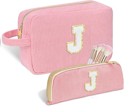 Personalized Initial Makeup Bag Trendy Stuff Corduroy Cosmetic Bag Travel Toiletry Bag for Women, Christmas/Thanksgiving/Halloween Gifts Makeup Organizer Case for Teen Girls Mom Girlfriend Wife - Pink
