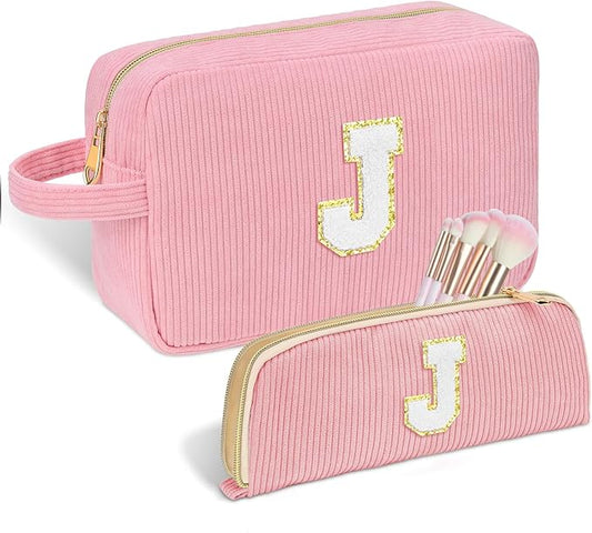Personalized Initial Makeup Bag Trendy Stuff Corduroy Cosmetic Bag Travel Toiletry Bag for Women, Christmas/Thanksgiving/Halloween Gifts Makeup Organizer Case for Teen Girls Mom Girlfriend Wife - Pink