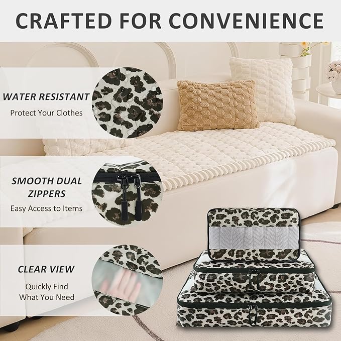 U+U 5 Set Packing Cubes for Travel Essentials Ultralight Luggage Packing Organizers with Laundry Bag and Shoe Bag for Vacation, Business Trip and Camping (Leopard)