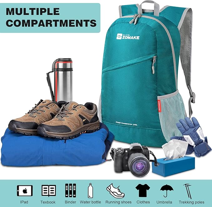 ZOMAKE Lightweight Packable Backpack 20L, Foldable Backpacks Small Daypack for Hiking Water Resistant Day Bag for Travel(Turquoise Green)