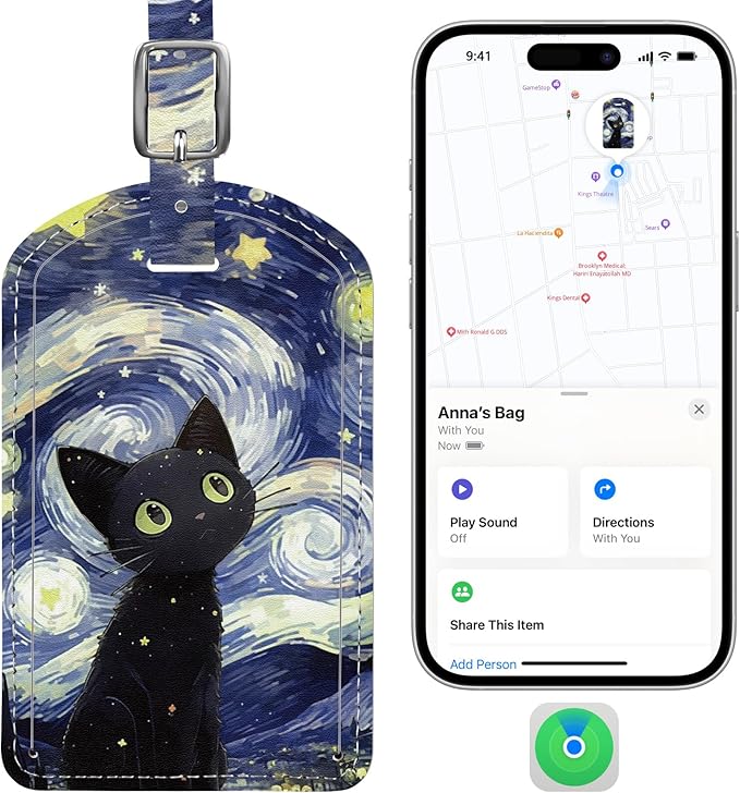 Luggage Tags Built-in Anti-Loss Tracker, Luxury Leather Luggage Tags for Suitcase, Travel Bags, Backpacks, Travel Organizer for Lost Baggage Prevention (Starry Cat)