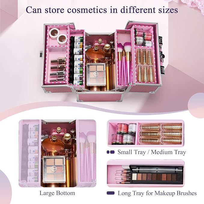 Frenessa Makeup Case Makeup Box Cosmetic Organizer Case Portable Make Up Artist Travel Case Storage Box 4 Trays with Dividers Lockable Hard Train Case Nail Tech Supply Storage Mermaid Pink