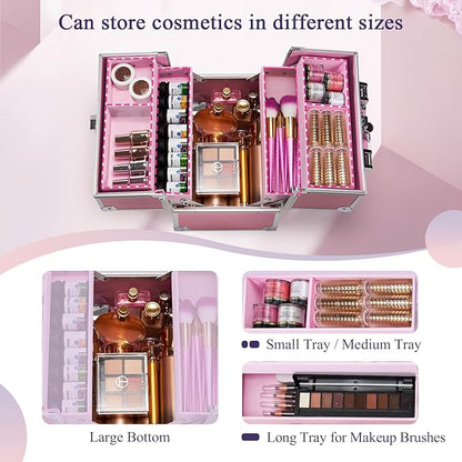 Frenessa Makeup Case Makeup Box Cosmetic Organizer Case Portable Make Up Artist Travel Case Storage Box 4 Trays with Dividers Lockable Hard Train Case Nail Tech Supply Storage Mermaid Pink