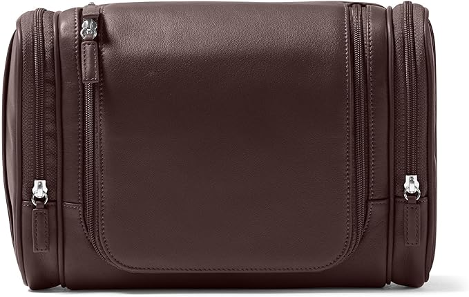 Leatherology Brown Hanging Toiletry Kit – Full Grain Leather Travel Organizer with Hanger and Multiple Storage Compartments