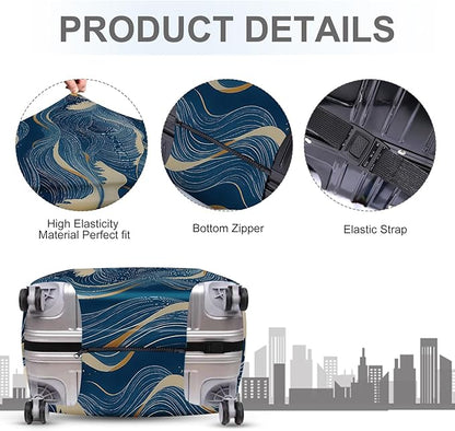 ANNA QUEEN Ocean Wave Luggage Cover, Elegant Blue Flow Line Design Suitcase Protector, Washable Stretchable Travel Sleeve for 32-34 Inch Luggage
