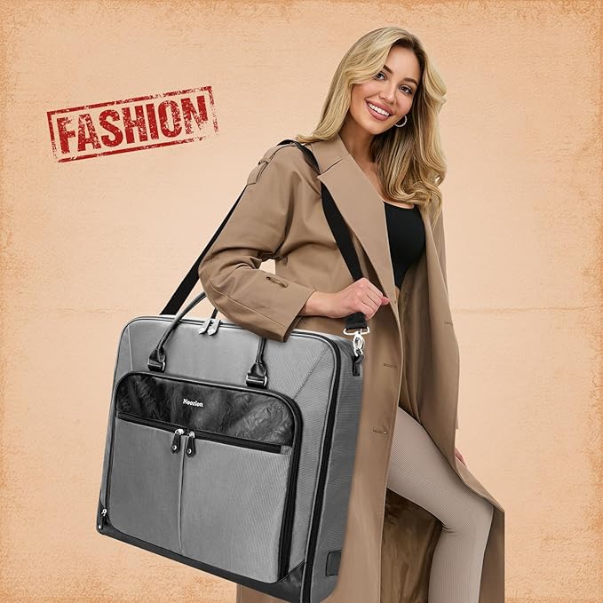 Garment Bag Travel Large Leather Carry On Suit Bag with Strap for Business Hanging Suitcase Luggage Bags for Men Women (Grey)