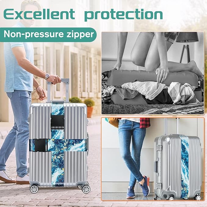 Slohif Luggage Straps for Suitcases Travel Belt Accessories Luggage Connector Identifiers Over Handle with Buckle Unique Nylon Adjustable Strap for Sleeping Bag Car Seat Sea Wave (2 Pack)