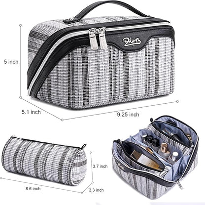 BOYATU Travel Makeup Bag for Women: Large Capacity Open Flat Make up Bag Set of 3 - Vegan Leather Cosmetic Bag with Compartments - Waterproof Toiletry Bag with Handle & Divider(I-2-Black)