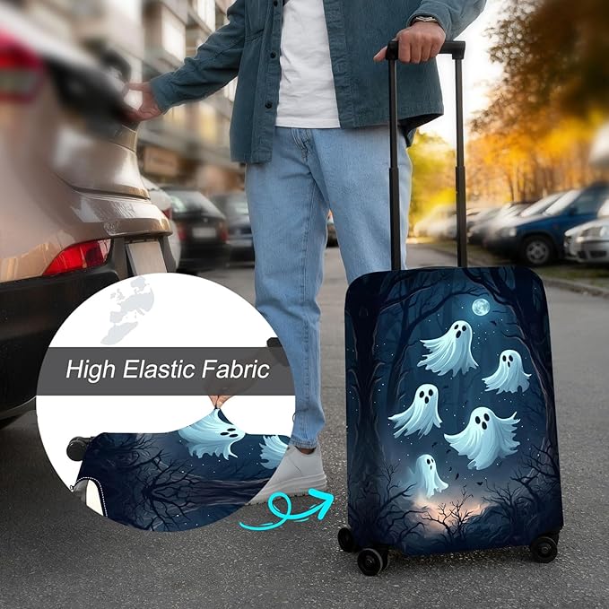 Luggage Cover Protector for 30-32 Inch Suitcases, TSA Approved Elastic Travel Suitcase Covers, Anti-Scratch Washable Luggage Sleeve for Carry On & Checked Bags, Group of Ghosts
