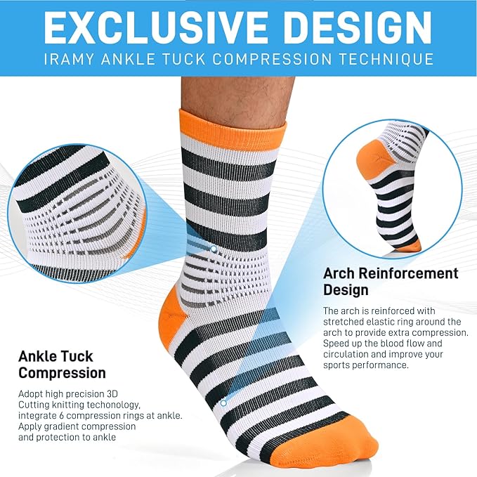 IRAMY Crew Compression Socks Ankle Support Moisture Wicking Plantar Fasciities Pain Relief 3 Packs