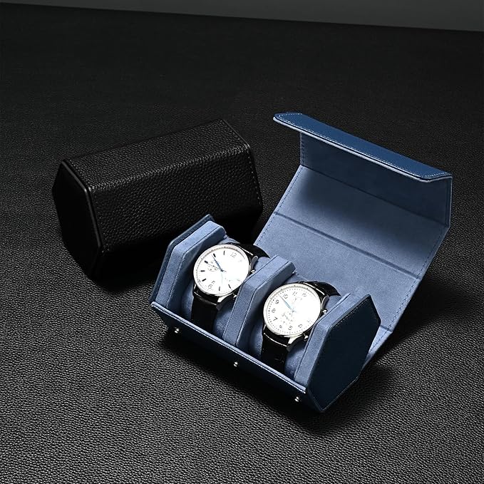 Oirlv Luxury Hexagonal Leather Watch Travel Case Watch Organizer Case for Men Portable Jewelry Storage Roll Organizer(2-Slot,Blue)