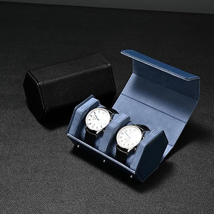 Oirlv Luxury Hexagonal Leather Watch Travel Case Watch Organizer Case for Men Portable Jewelry Storage Roll Organizer(2-Slot,Blue)