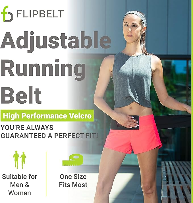 FlipBelt Adjustable Running Belt, Fitness and Running Fanny Pack for Women and Men, Non Chafing Waist Band Pack for Phone Keys Money, Moisture Wicking Storage Belt, USA Company