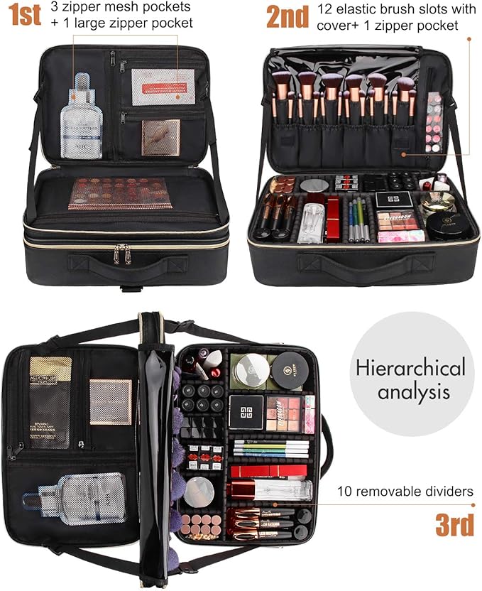 Relavel Makeup Case Large Makeup Bag Professional Train Case 16.5 inches Travel Cosmetic Organizer Brush Holder Waterproof Makeup Artist Storage Box, Large Capacity (Leather Black)