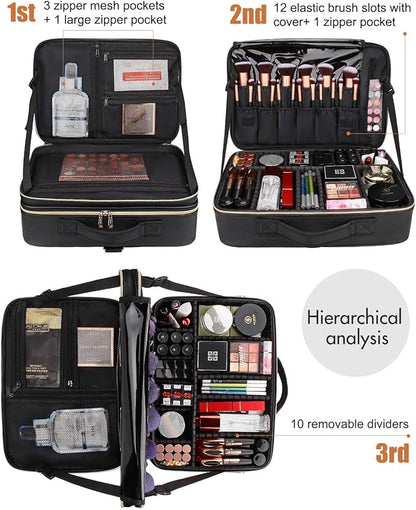 Relavel Makeup Case Large Makeup Bag Professional Train Case 16.5 inches Travel Cosmetic Organizer Brush Holder Waterproof Makeup Artist Storage Box, 3 Layer Large Capacity, with Adjustable Strap