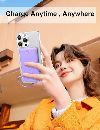 miisso Ultra Slim 10000mAh Power Bank Built-in Cables and Foldable AC Wall Plug, Pocket Size USB C Portable Charger, External Battery Pack Compatible with iPhone Samsung, 2 Pack Purple & Blue