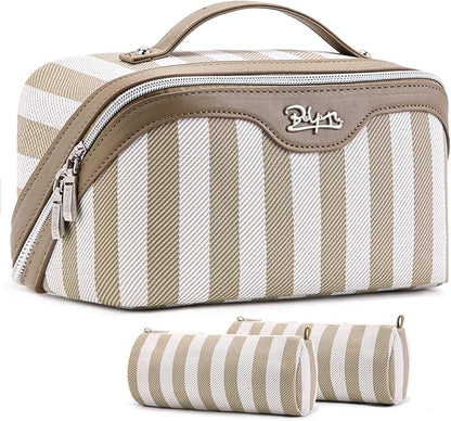 BOYATU Travel Makeup Bag for Women: Large Cosmetic Bag Set of 3 - PU Leather Make up Bag with Compartments - Compact Waterproof Toiletry Bag with Divider & Handle (B-7-Apricot)