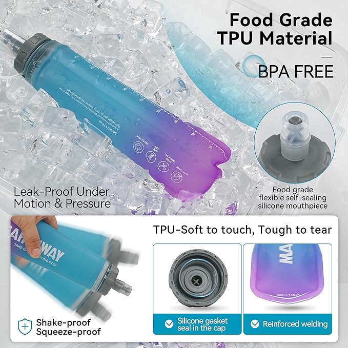 MARCHWAY Soft Hydration Flask with Wide Mouth, 300ml/500ml Collapsible TPU Water Bottle, Leakproof Portable Flexible for Running, Hiking, Cycling, Climbing, Gym, Travel (2pcs Blue-Purple 500ml)