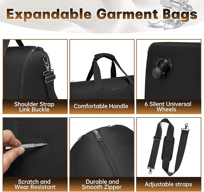 Collapsible Rolling Garment Bags, Large Rolling Duffle Bag with Wheels Convertible Travel Garment Bag for Men Women Carry On Garment Bag for Travel Suitcase Suit Business Travel Bag, Black