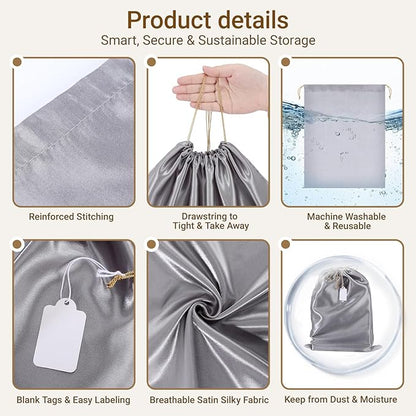 Ewen 7 Pack Small Medium Large Dustproof Satin Drawstring Bags Set, Dustproof Packing Bags with Blank Tags for Purse Organizer Home Organization Storage, Gray Dustbags for Handbag Travel Shoes Closet