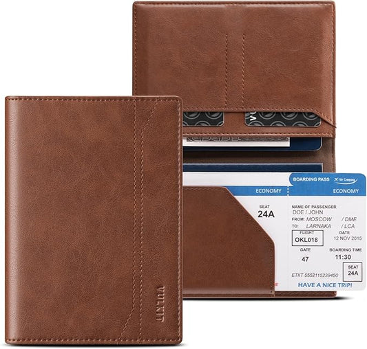 VULKIT Passport Holder for Travel, Rfid Blocking Passport Cover, Slim Travel Wallet for Men & Women, Cognac Brown
