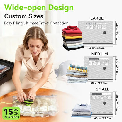 Vacuum Bags for Travel with USB and TYPE C Pump, 15 Pack Carry-on Size Compression Packing Bags for Luggage and Suitcase, Space Saver for Clothes and Clothing Travel（Green）