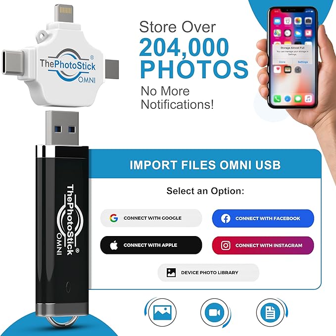 ThePhotoStick® Omni 128GB (2 Pack) - Photo & Video Backup and Transfer | Digital File Organizer | USB & Multiport Connection for Phones, Tablets and Computers | Portable Memory | External Storage