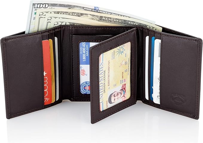 Stealth Mode Leather Trifold RFID Wallet For Men With Flip Out ID Holder (Coffee)