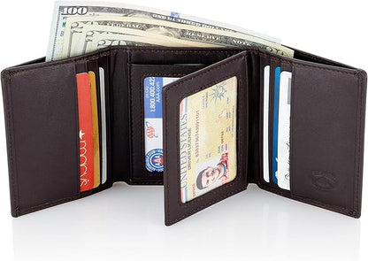 Stealth Mode Leather Trifold RFID Wallet For Men With Flip Out ID Holder (Coffee)