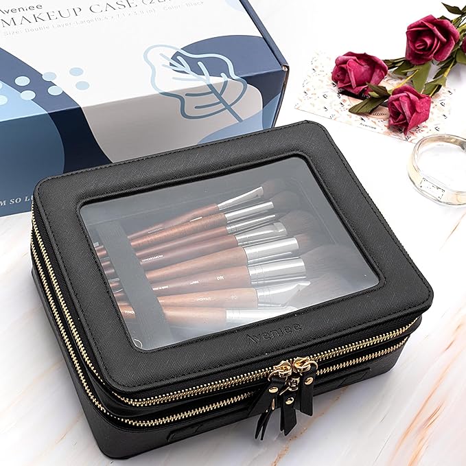 Aveniee Clear Makeup Bags,Double Layer Cosmetic Bags with Separate Brush Compartment,Large Travel Toiletry Bag Cosmetic Case,Travel Accessories Organizer for Women,2 Layers,Black