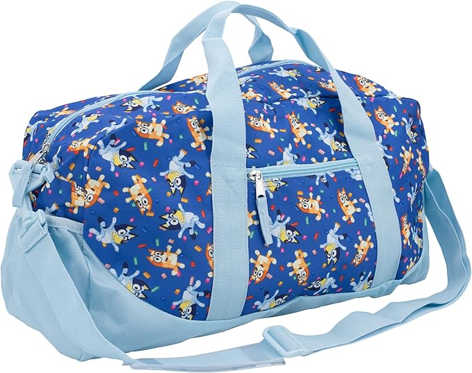 Bluey Duffle Bag, 16” Travel Sleepover Bag for Girls & Boys, Kids Weekender Bag, Blue