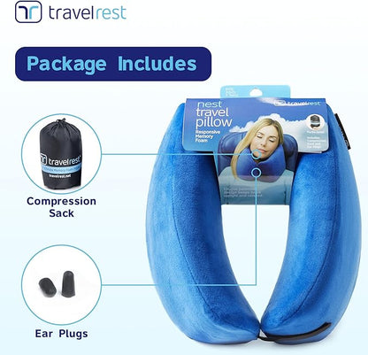 TRAVELREST Nest Neck Pillow Travel Essentials - Memory Foam Pillow and Patented Design, Support for Long Flights, Travel Accessories, Comfortable and Compact, Washable, Attaches to Luggage - Blue