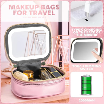 Small Makeup Bag with Led Mirror, Mini Travel Make up Bag 3 Light Modes Adjustable Brightness, for Women Organizer Cosmetic Bag, Portable Travel Train Toiletry Bag, for Pool Parties Work Touch-Ups
