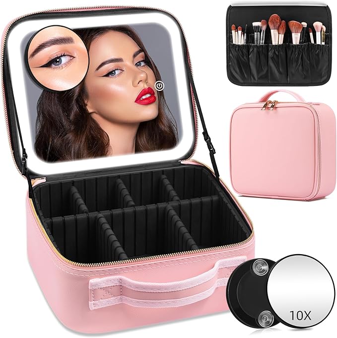 Makeup Case with Mirror and Lights, Travel Makeup Bag with Lighted Mirror, Make up Case with LED Mirror & Adjustable Dividers, Portable Cosmetic Organizer Bag Gift for Women(Pink)