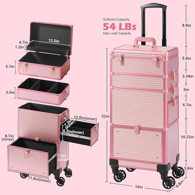 Makeup Train Case with Drawer, Rolling Makeup Case, Cosmetology Case on Wheels, Gift, Travel Makeup Organizers, Profesional Cosmetic Case for Salon Barber,Nail,Tattoo, Pink