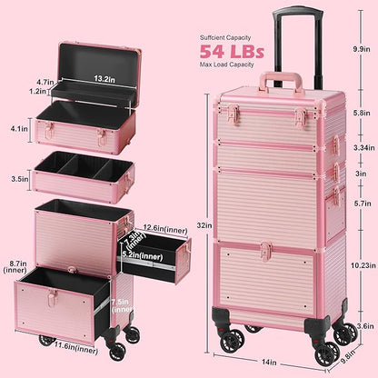 Makeup Train Case with Drawer, Rolling Makeup Case, Cosmetology Case on Wheels, Gift, Travel Makeup Organizers, Profesional Cosmetic Case for Salon Barber,Nail,Tattoo, Pink