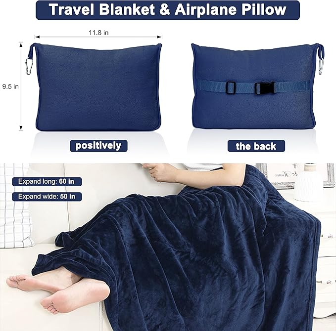 2-in-1 Convertible Travel Blanket & Pillow-Ultra Soft, Compact & Packable with Hand Luggage Sleeve and Backpack Clip for Flight & Car,Navy Blue