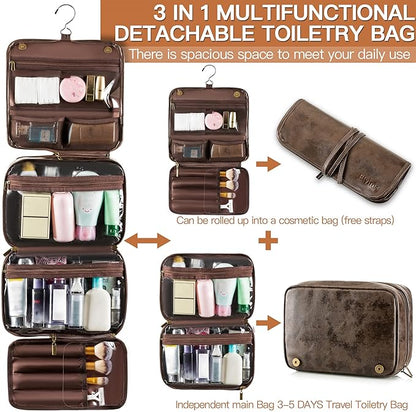 Elviros Hanging Toiletry Bag Removable Travel Bag PU leather Makeup Cosmetic Organizer Kit, Coffee